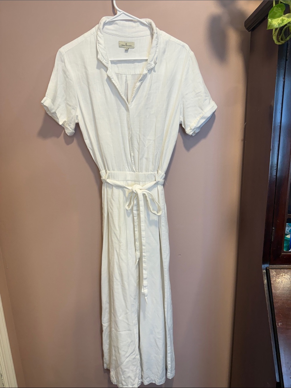Thread & Supply White Short-Sleeve Belted Linen Jumpsuit